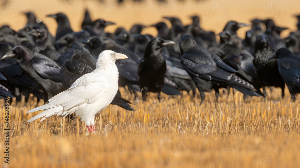 Wall mural Unique white crow amidst black ones - concept of being different