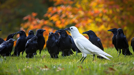 Fototapeta premium Unique white crow amidst black ones - concept of being different