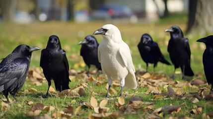 Fototapeta premium Unique white crow amidst black ones - concept of being different