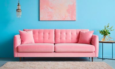  A striking pink sofa offers a bold statement against a serene blue wall, blending comfort with a splash of color for a vibrant, modern interior.