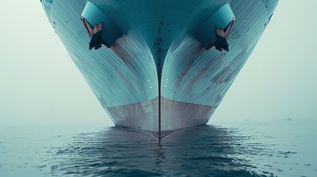 a vast blue container ship carries international freight across the ocean captured from the front bow view