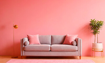 A stylish grey sofa against a lively pink backdrop, accented with greenery and soft blooms, captures a fresh, modern aesthetic perfect for vibrant interiors.