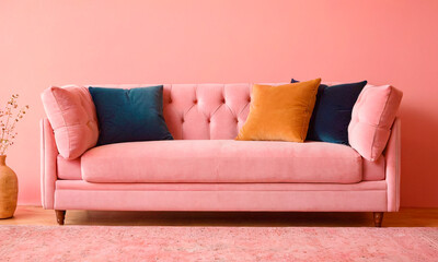 A stylish grey sofa against a lively pink backdrop, accented with greenery and soft blooms, captures a fresh, modern aesthetic perfect for vibrant interiors.
