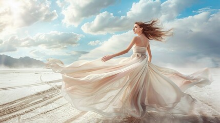Fototapeta na wymiar a beautiful woman in a long flowing dress stands as the wind sweeps through the tranquil desert landscape