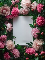 Obraz premium Beautiful fresh peony flowers with green leaves laying on the table with empty space in the center. Flowers mockup