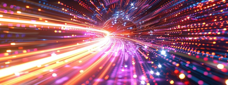 experience the flow of fast data transfer through this abstract concept of synchronized light trails in a panoramic background