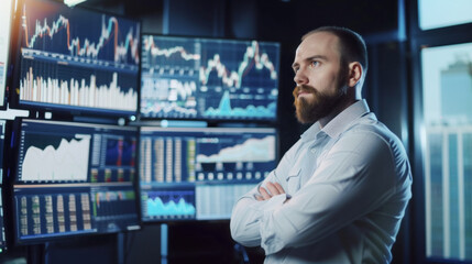 Focused Trader Analyzing Stock Market Monitors