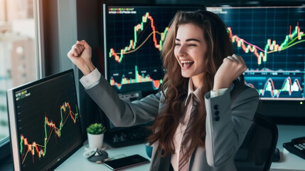 Joyful female stock trader celebrates a successful trade in front of computer monitors with financial charts
