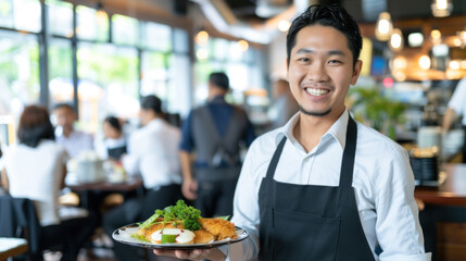 Smiling Asian waiter holding dish in a modern restaurant setting