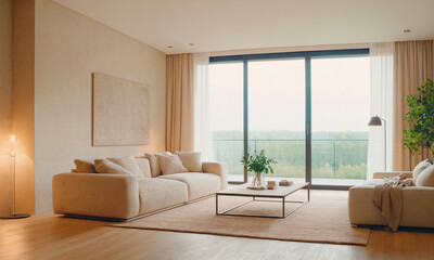 Fototapeta na wymiar This modern living room, awash with natural light, features a plush grey sofa and minimalist decor, creating a tranquil space that radiates contemporary chic.