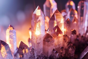 A close-up of sparkling quartz crystals illuminated and reflecting light.