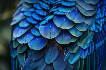 Close-up of vibrant blue iridescent feathers with intricate patterns. - obrazy, fototapety, plakaty