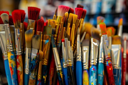 A close-up of various colorful and used paintbrushes showcasing an array of artistic tools.