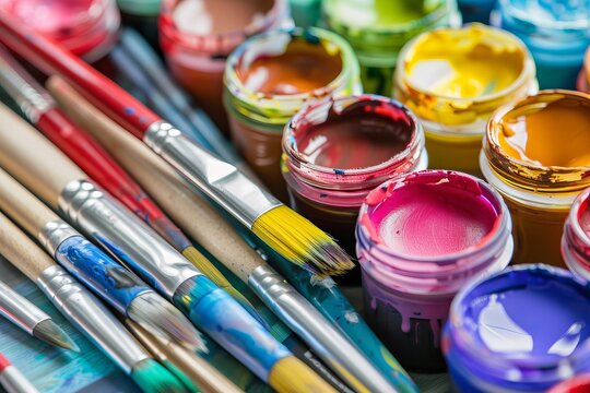 A colorful assortment of paintbrushes and paints showcasing a variety of artistic tools.