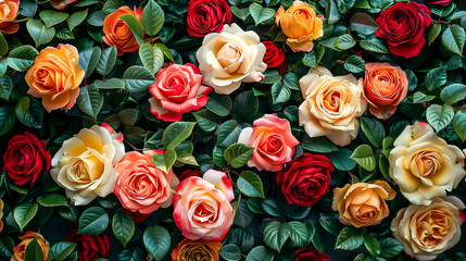 Lush Array Of Roses In Hues Of Red, Orange, And Cream, Interspersed With Rich Green Foliage