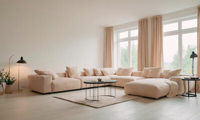 This modern living room, awash with natural light, features a plush grey sofa and minimalist decor, creating a tranquil space that radiates contemporary chic.