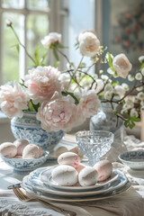 Easter table setting decor concept. Serving festive table for Easter breakfast. Happy Easter concept. Light white interior, dishes with easter eggs, vase with spring flowers on the table. 