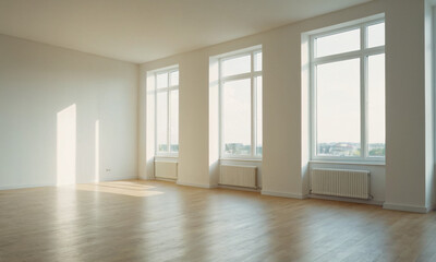 Fototapeta premium An empty room awash with soft light, featuring polished floors and a promise of new memories. The perfect canvas for modern living.