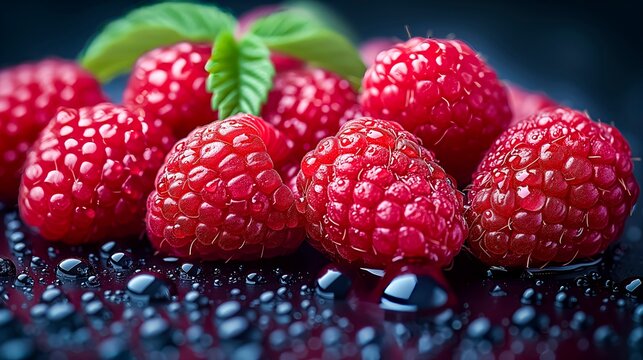 Juicy Red Raspberries With Green Leaf, Dewdrops Glistening, Clustered Against Dark Blue Background.