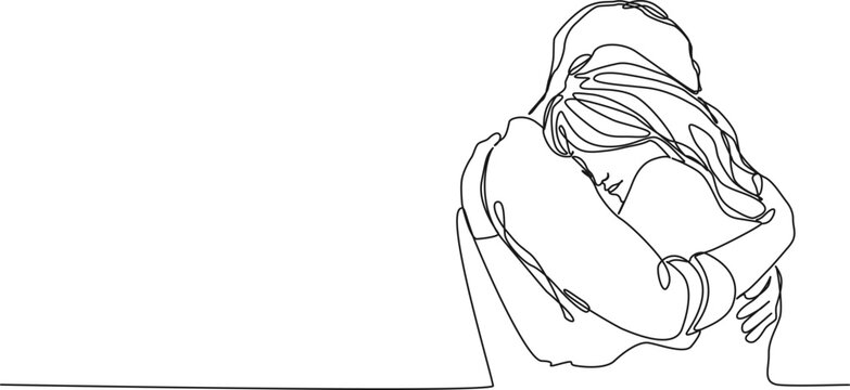 continuous single line drawing of man and woman hugging, line art vector illustration
