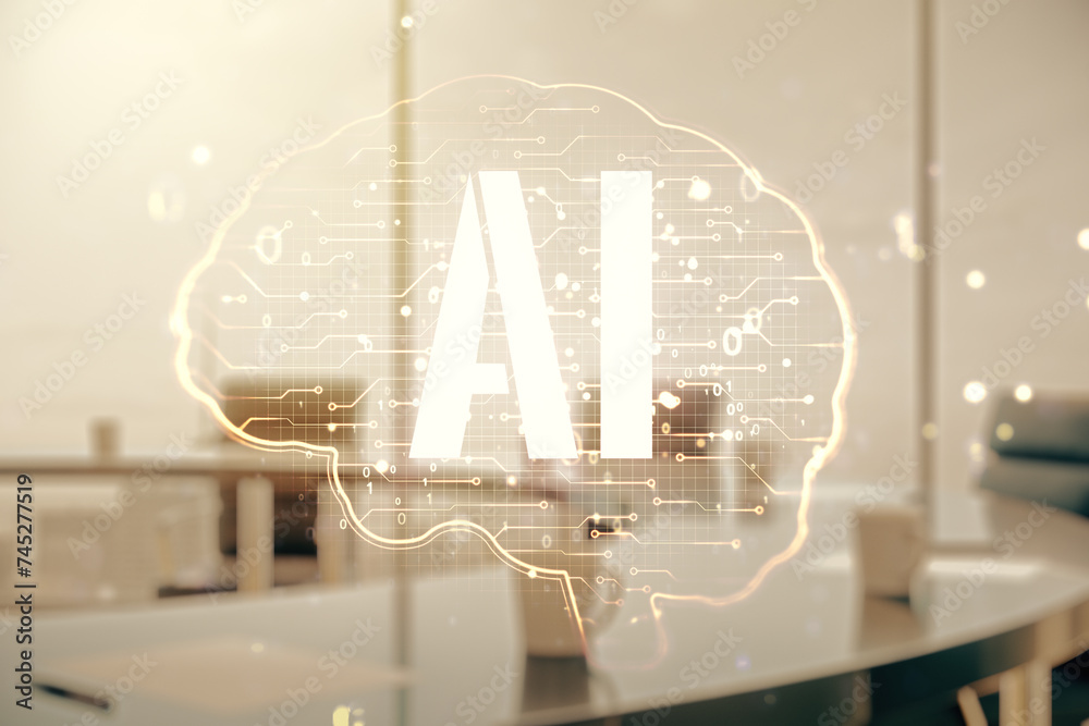 Poster double exposure of creative human brain microcircuit hologram on a modern boardroom background. futu