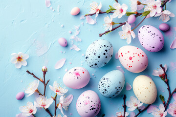 Top view of vibrant Easter eggs adorned with delicate spring cherry twigs and flowers, set against a serene blue background, evoking the spirit of seasonal celebration and renewal.