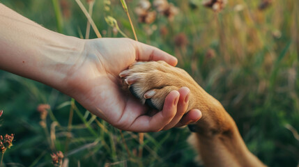 A dog affectionately offers its paw to a woman, symbolizing a gesture of trust, friendship, and companionship. - obrazy, fototapety, plakaty