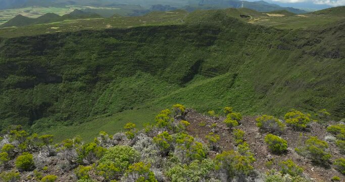Landscape in Reunion island volcanic rocks aerial view vegetation growth