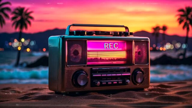 Radio on the beach with neon colorful, lofi background music. seamless looping time-lapse animation video background