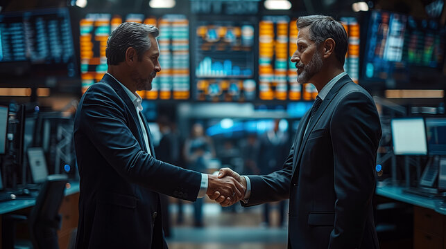 Close-up of an employer shaking hands with an employee in a server room interior. The concept of successful business, modern technology and making a deal.