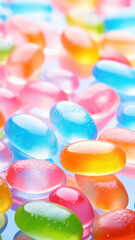 Fototapeta na wymiar Colorful Translucent Gelatin chewable gummy supplements Background, copy space
