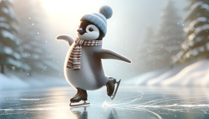  Penguin ice skating, humor in winter attire and pose   