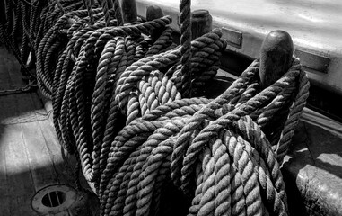 Black white photography a lot rope old ship side sailboat