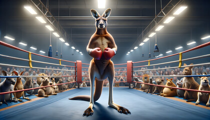  Kangaroo as boxer, ready in ring, comically serious    