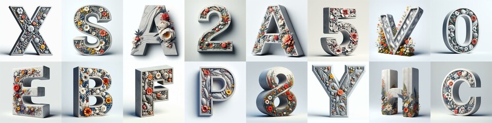 Concrete letters blens with flowers shape 3D Lettering Typeface. AI generated illustration