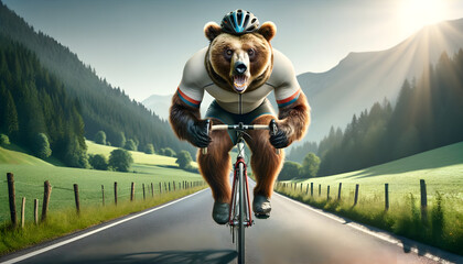 Bear on bicycle, funny dressed for cycling race     - obrazy, fototapety, plakaty