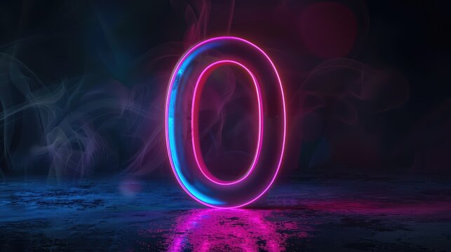 Abstract 3D Render of Glowing Number ziro Illuminated in Pink and Blue Neon Light: A Digital Symbol of 0