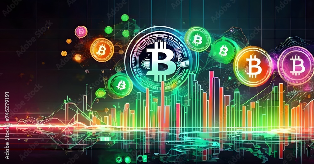 Fototapete a collection of bitcoins are displayed floating in the air on a vibrant background, creating an arti