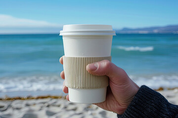 Person Holding a Cup of Coffee on Beach