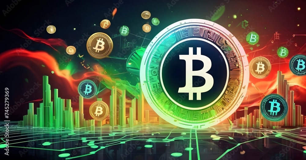 Poster a collection of bitcoins are displayed floating in the air on a vibrant background, creating an arti