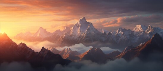 the view of the mountain at dawn is shrouded in thick fog - obrazy, fototapety, plakaty