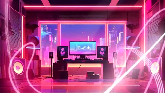 DJ music studio with neon lighting. seamless looping time-lapse animation video background