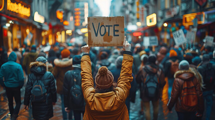 Vote sign held by a hand during a manifestation, polling, elections, politics, voting, political	