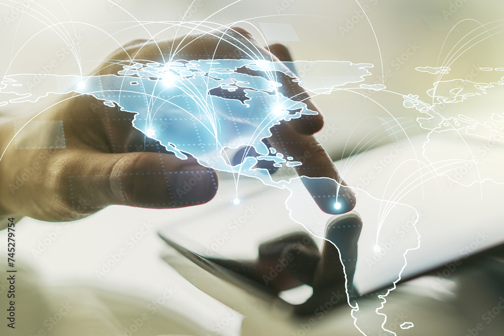 Poster double exposure of abstract digital world map with connections and hand working with a digital table