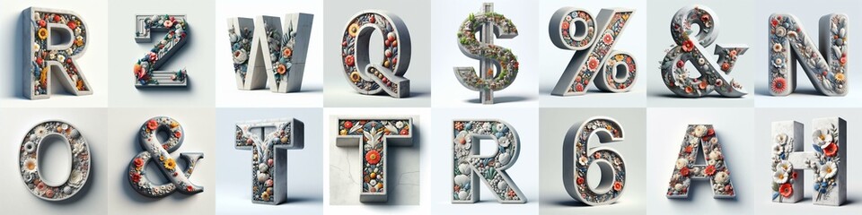 Concrete letters blens with flowers shape 3D Lettering Typeface. AI generated illustration - obrazy, fototapety, plakaty