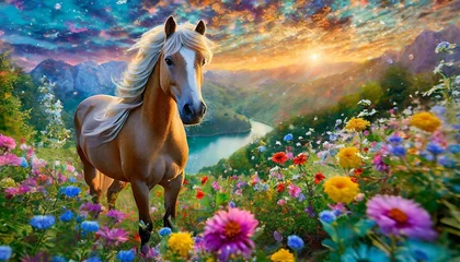Zelfklevend Fotobehang Brown horse in the floral meadow and river landscape © Omega