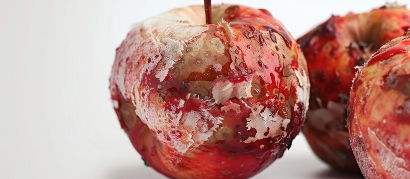 A rotten apple with a bite taken out of it, showcasing signs of bitter rot disease