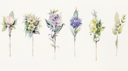 Set of watercolor illustrations with wedding boutonnieres. Botanical illustration on white background for wedding, congratulations, wallpapers, fashion, backdrops, wrappers, print