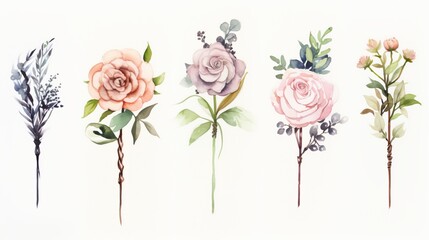 Fototapeta premium Set of watercolor illustrations with wedding boutonnieres. Botanical illustration on white background for wedding, congratulations, wallpapers, fashion, backdrops, wrappers, print