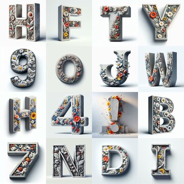 Concrete letters blens with flowers shape 3D Lettering Typeface. AI generated illustration